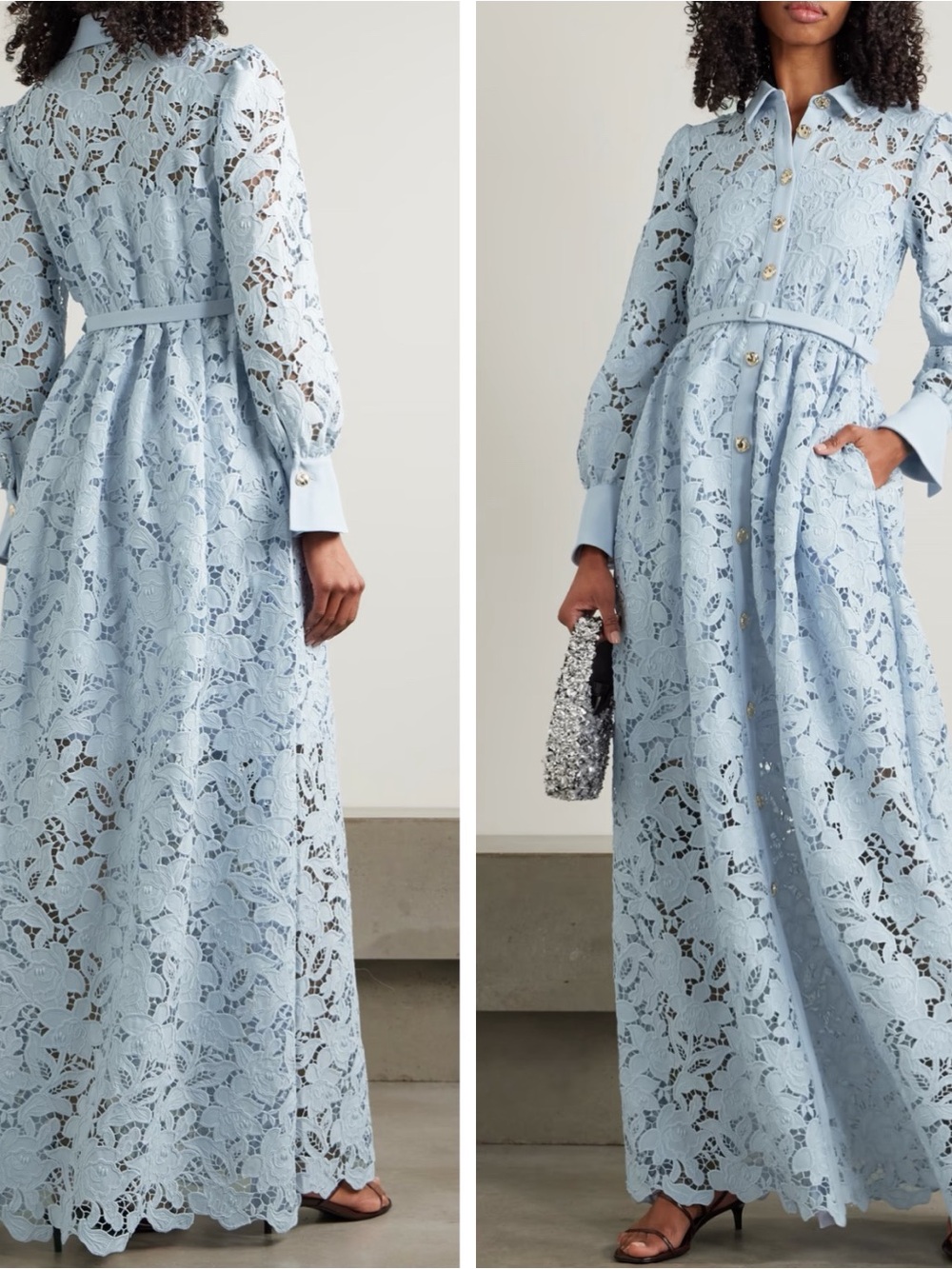 SELF-PORTRAIT Blue Lace Collared Floral Long Sleeve Button Down Maxi Dress Sz 10 - Picture 2 of 14